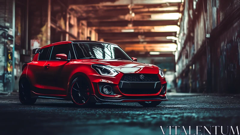 Red tuned hatchback rendered with cinematic shallow depth and bokeh