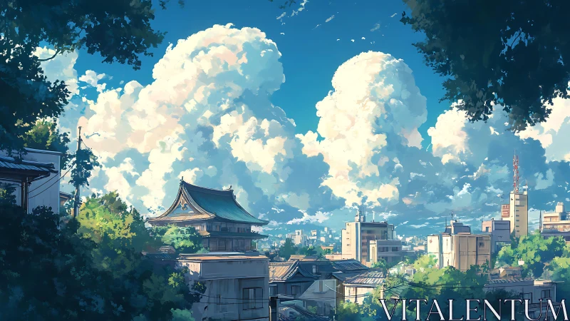 Sunlit Japanese cityscape rests beneath towering summer clouds