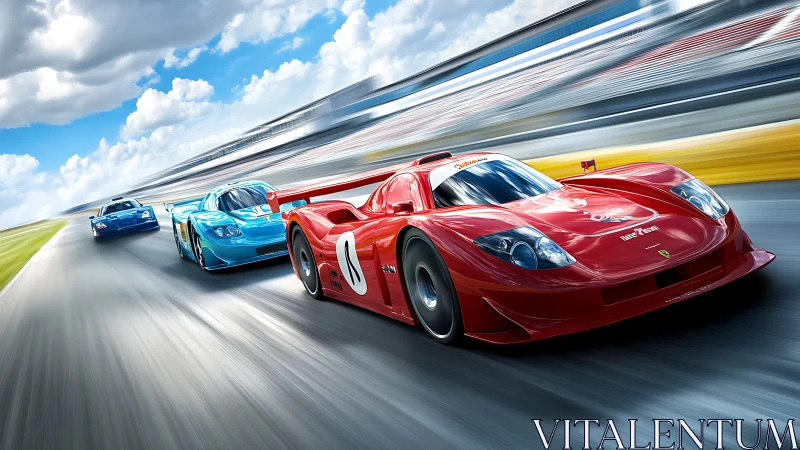 Red prototype race car leading on high speed circuit.