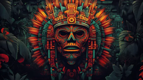 Radiant jungle mask glowing with ancient ritual warmth.