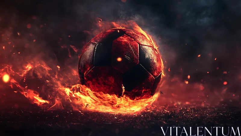 Burning soccer ball ignites dark pitch in searing flames.