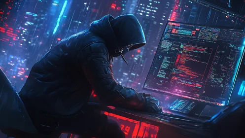 Hooded hacker at glowing workstation in neon city night.