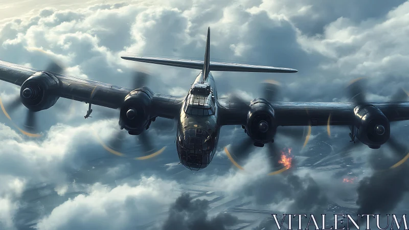 Heavy bomber cuts through storm clouds above burning city