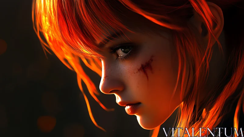 Scarred red-haired warrior gazes into burning evening light