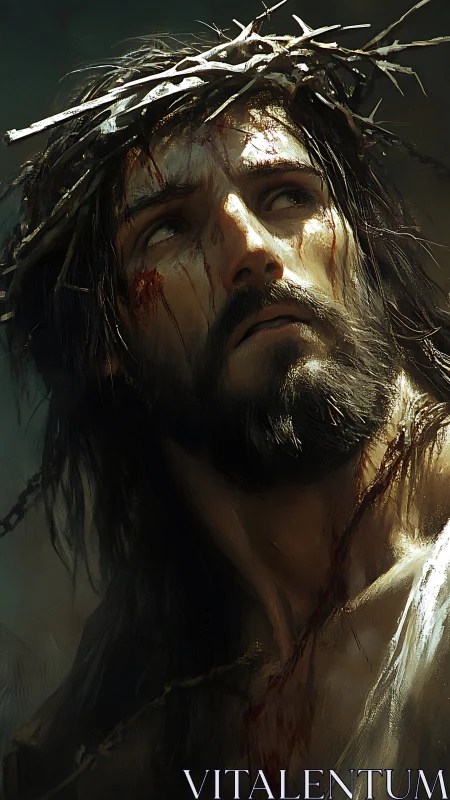 Digital painting of suffering bearded man with thorn crown