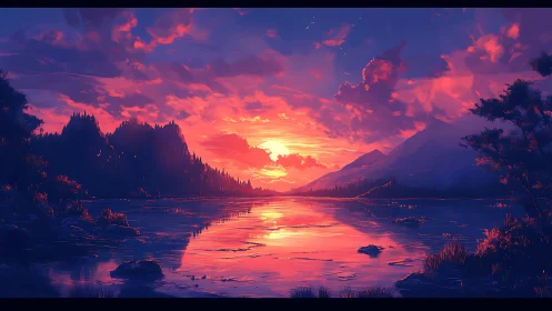 Ember-kissed mountain lake under a blazing violet sunset sky.