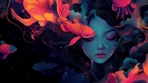 Surreal blue portrait with neon fish and flowing hair.