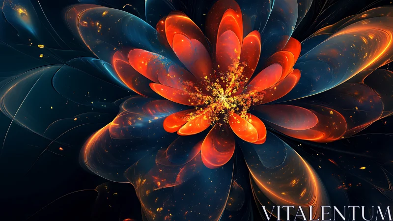 Fractal nebula flower blooms in molten orange and gold light.