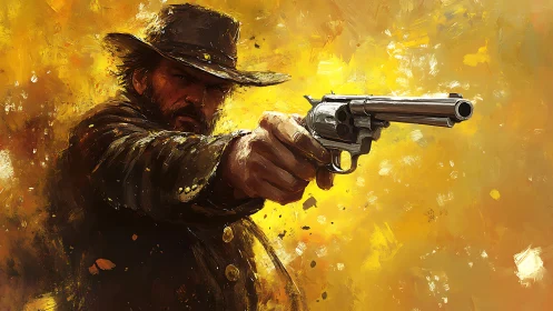 Cowboy aiming revolver against textured yellow backdrop.