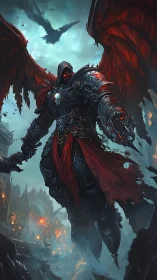 Winged armored figure over burning gothic cityscape.