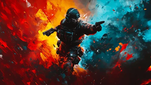 Tactical operative sprinting through explosive red and cyan storm.