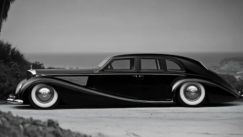Sleek vintage limousine rests beside a misty ocean shore