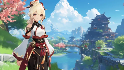 Anime hero in ornate outfit before riverside temple town.