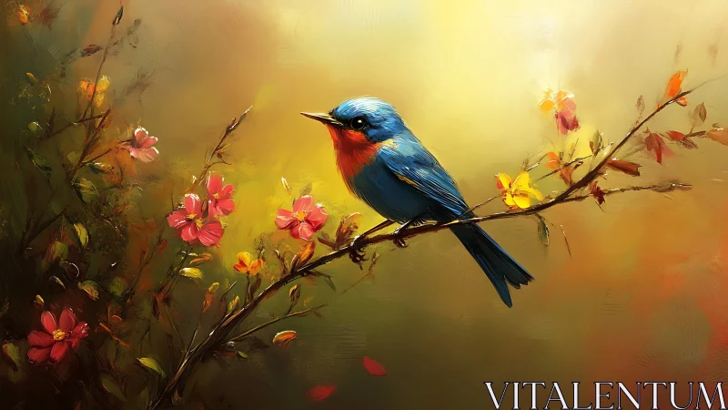 Bluebird perched on flowering branch, digital painting style.