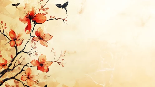 Red Blossom Composition With Delicate Insects Rendered.