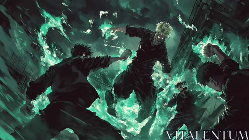 Combatants surrounded by teal ethereal energy in stormy alleyway.