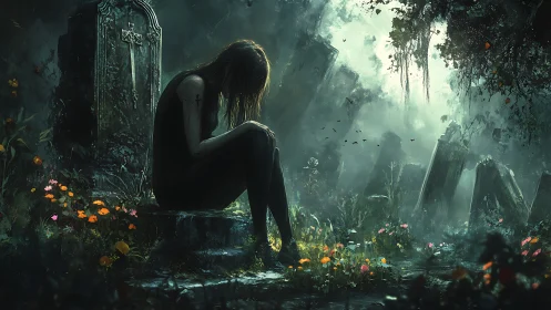Melancholic mourner in overgrown graveyard, digital painting.