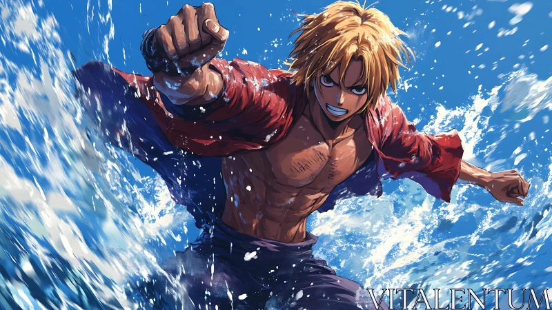 Determined anime fighter charges through crashing ocean waves