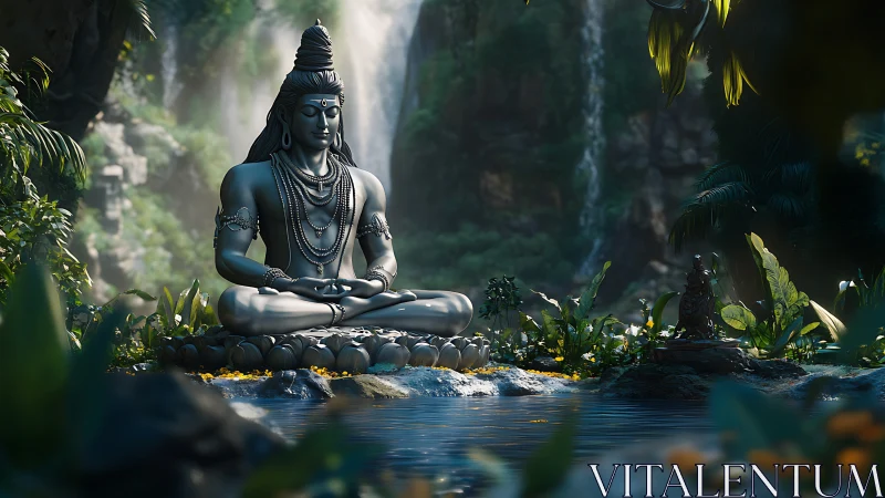 3D meditative Shiva sculpture in lush rainforest grotto setting.