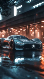Futuristic Mercedes supercar glides through neon‑lit rainy street