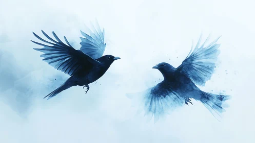 Digital watercolor corvids in mirrored aerial composition.