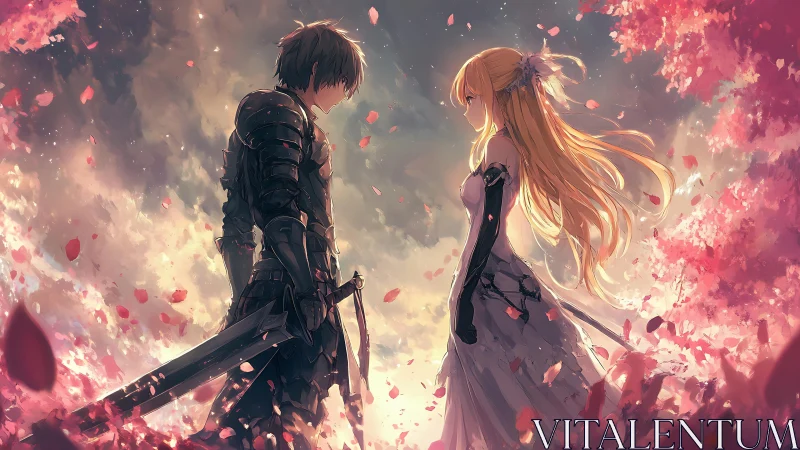Backlit armored knight and robed woman amid drifting sakura petals