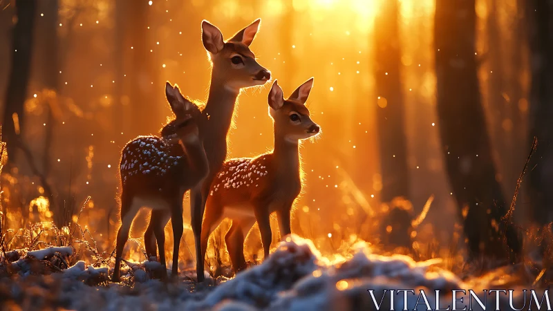 Three young deer standing in a snowy backlit forest at dawn.