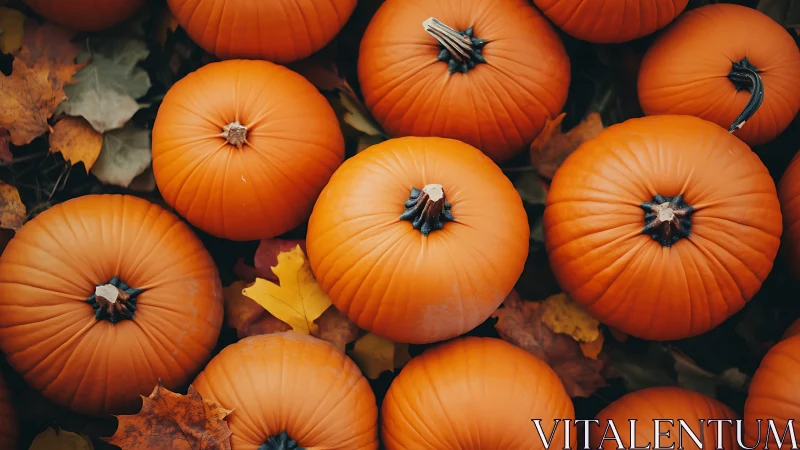 Cozy pumpkins nestled in crisp, colorful autumn leaves.
