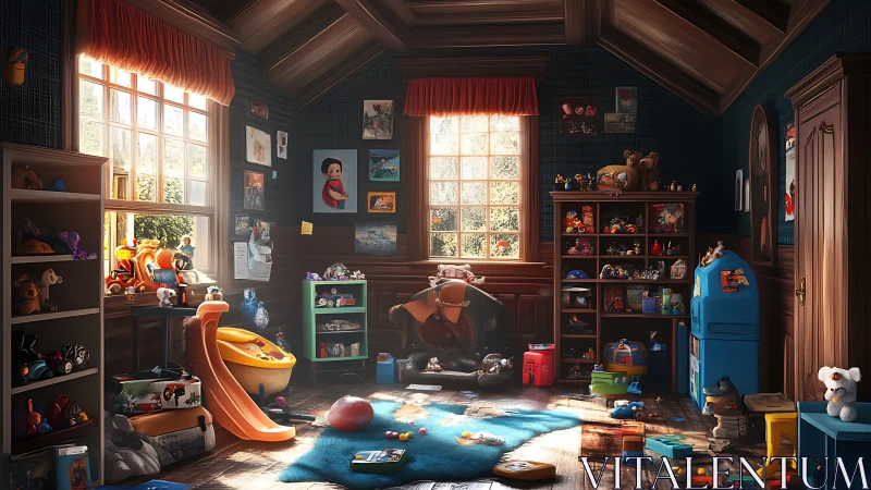 Sunlit attic playroom packed with colorful toys and clutter.