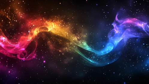 Nebulae swirling in prismatic ribbons across deep space.