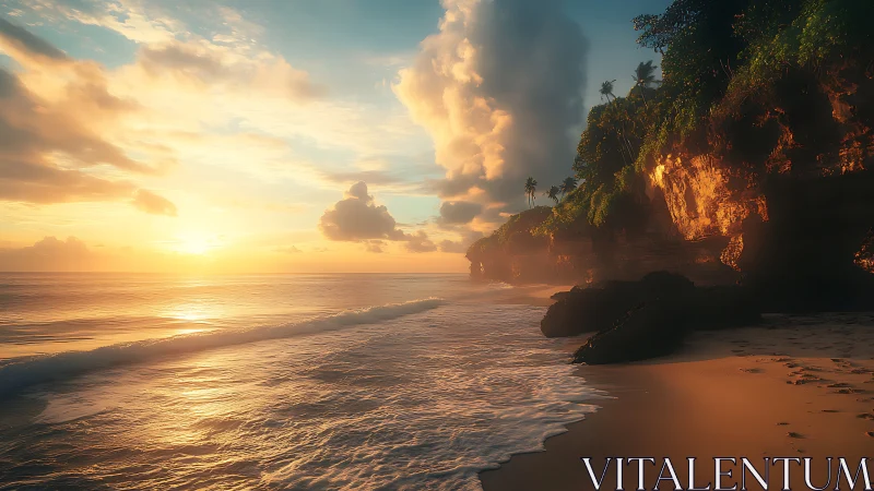 Sunlit tropical cliffs glow over a tranquil sunset shore.