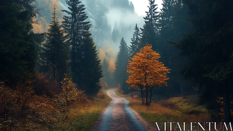 Converging path through autumn forest with golden canopy silhouettes