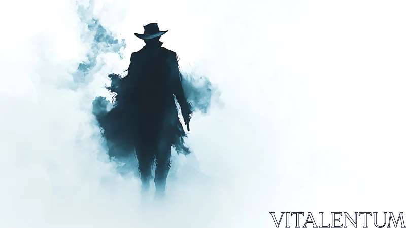 Silhouetted gunslinger dissolves into atmospheric blue mist