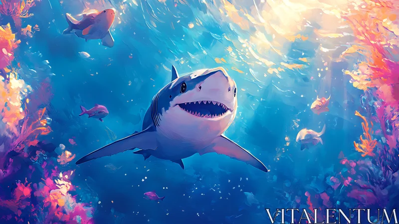 Shark swims through colorful coral reef under filtered sunlight