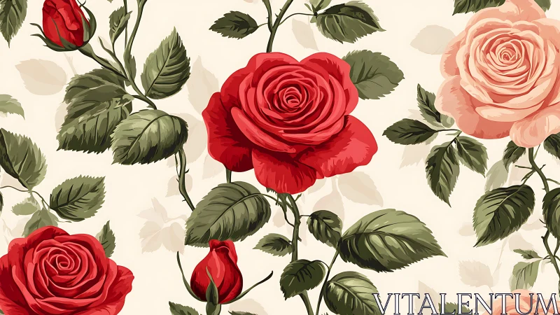 Botanical Rose Illustration: Red and Pink Blossoms With Layered Foliage.