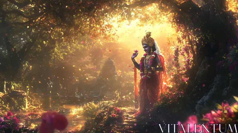 Divine wanderer pauses where forest light melts into gold