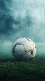 Weathered soccer ball on misty grass field at dawn.