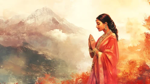 Graceful woman in prayer against soft glowing mountains.