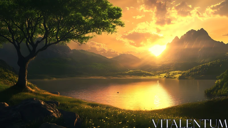 Sunlit mountain lake scene displays structured depth and light