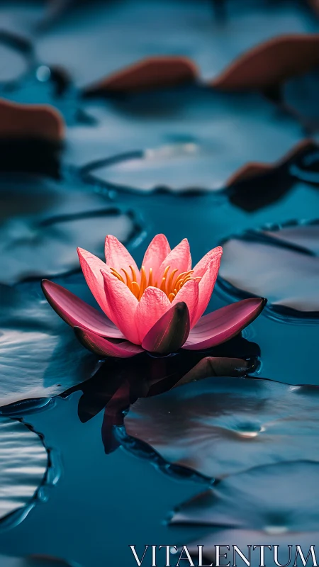Macro close up of pink water lily on teal reflective pond