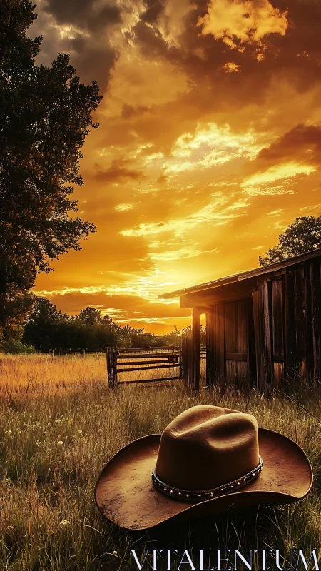 Photorealistic western sunset with foreground cowboy hat study.
