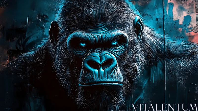 Electric blue gorilla gazing back with fierce quiet power.