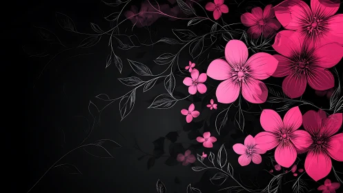 High-Contrast Floral Illustration: Pink Blooms on Black Background