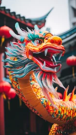 Vibrant Chinese dragon lantern coils through festive street.