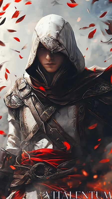 Mysterious hooded rogue in swirling red autumn embers.