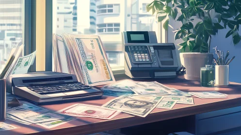 Sunlit counting desk with money, machines, and green plants.