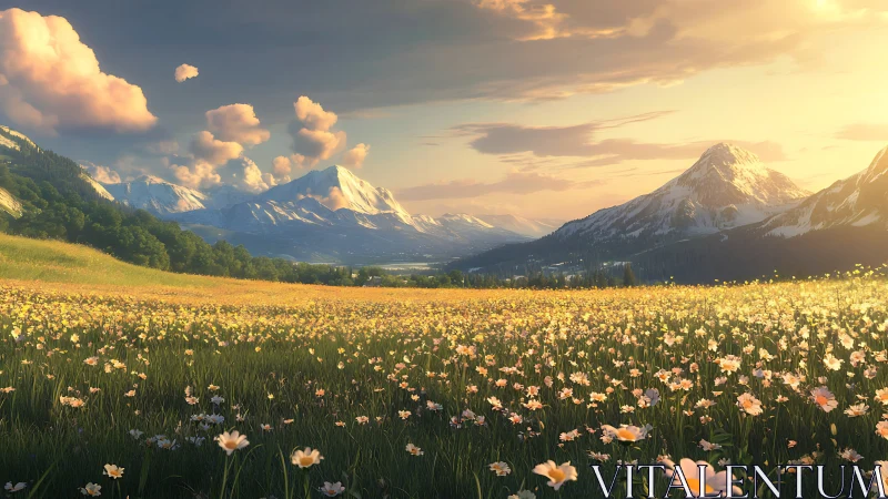 Sun-kissed wildflower kingdom beneath hush-tipped peaks.