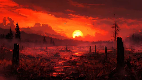 Red sky dominates marshy landscape at dramatic sunset
