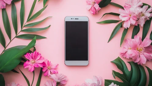 Smartphone Display Mockup Surrounded by Pink Peonies and Green Botanical Foliage
