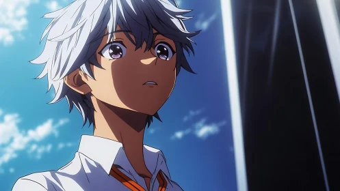 Silver haired anime student gazes upward in bright daylight.